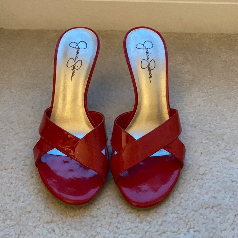 Jessica Simpson patent red heeled sandal, size 8.5